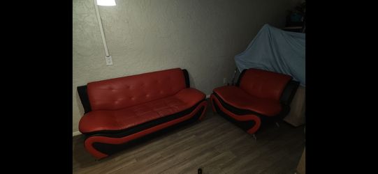 Red and Black Faux Leather Sofa and Chair Set