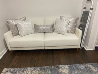 White Leather Two-Seat Sofa with Wood Legs