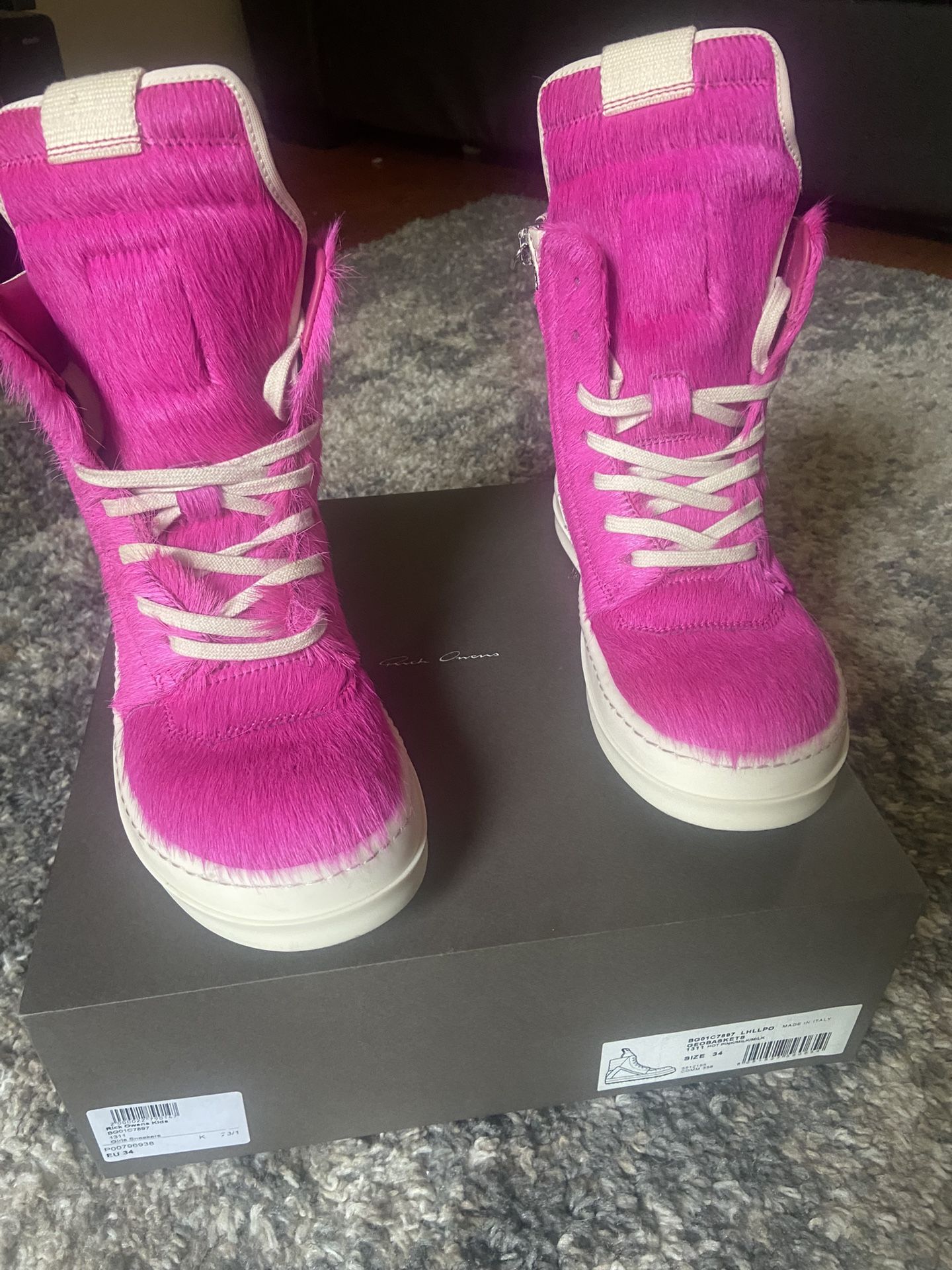 Rick Owens Geobaskets Hot Pink Calf Hair/ Milk Leather