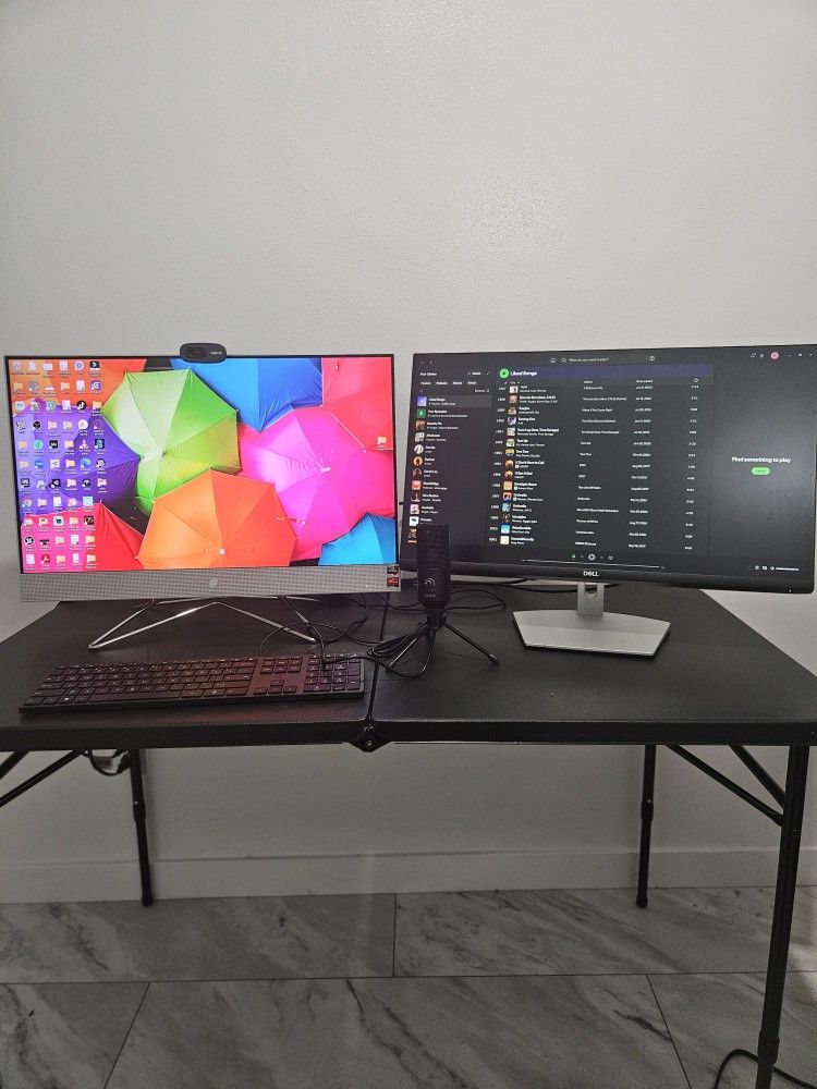 27in HP All-In-One Desktop Computer + 27in Dell Monitor + 1 Smaller Monitor + Headset + New Keyboard + Microphone + Webcam + Table
