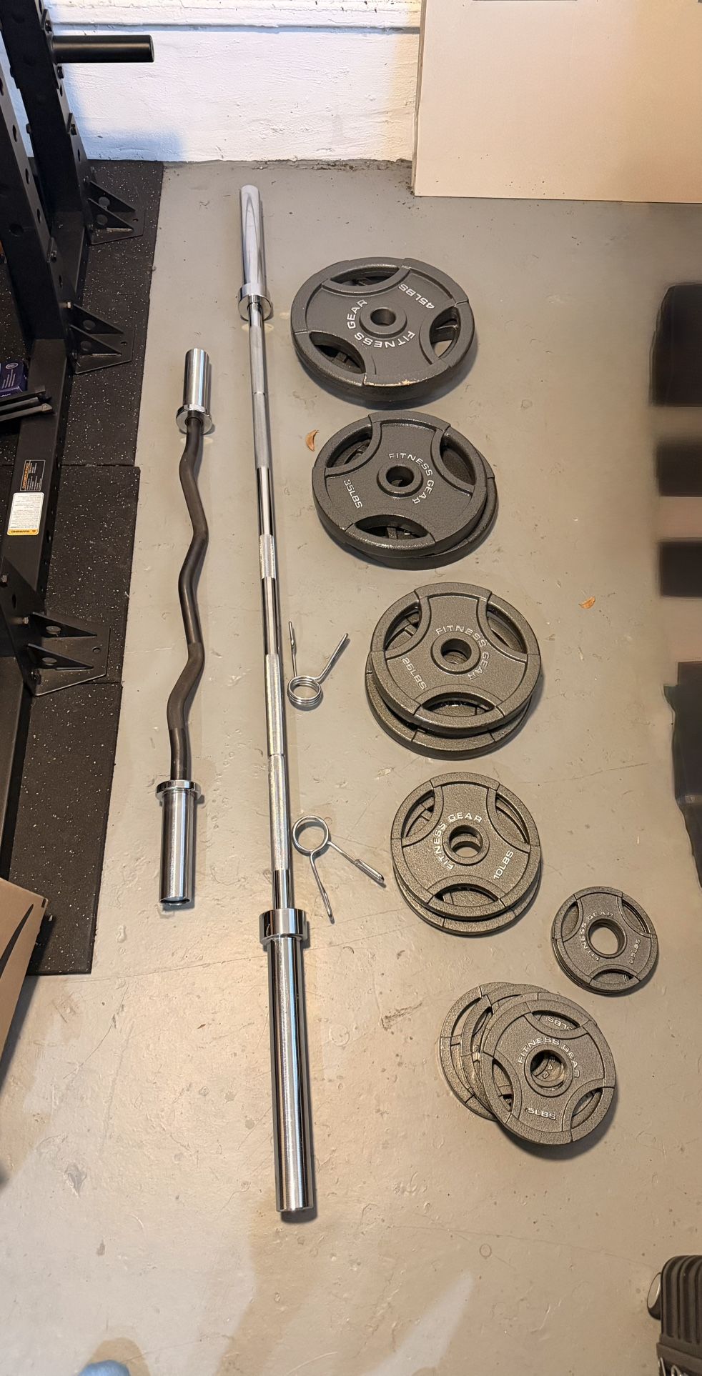 Olympic Bar With Weights And Curl Bar 