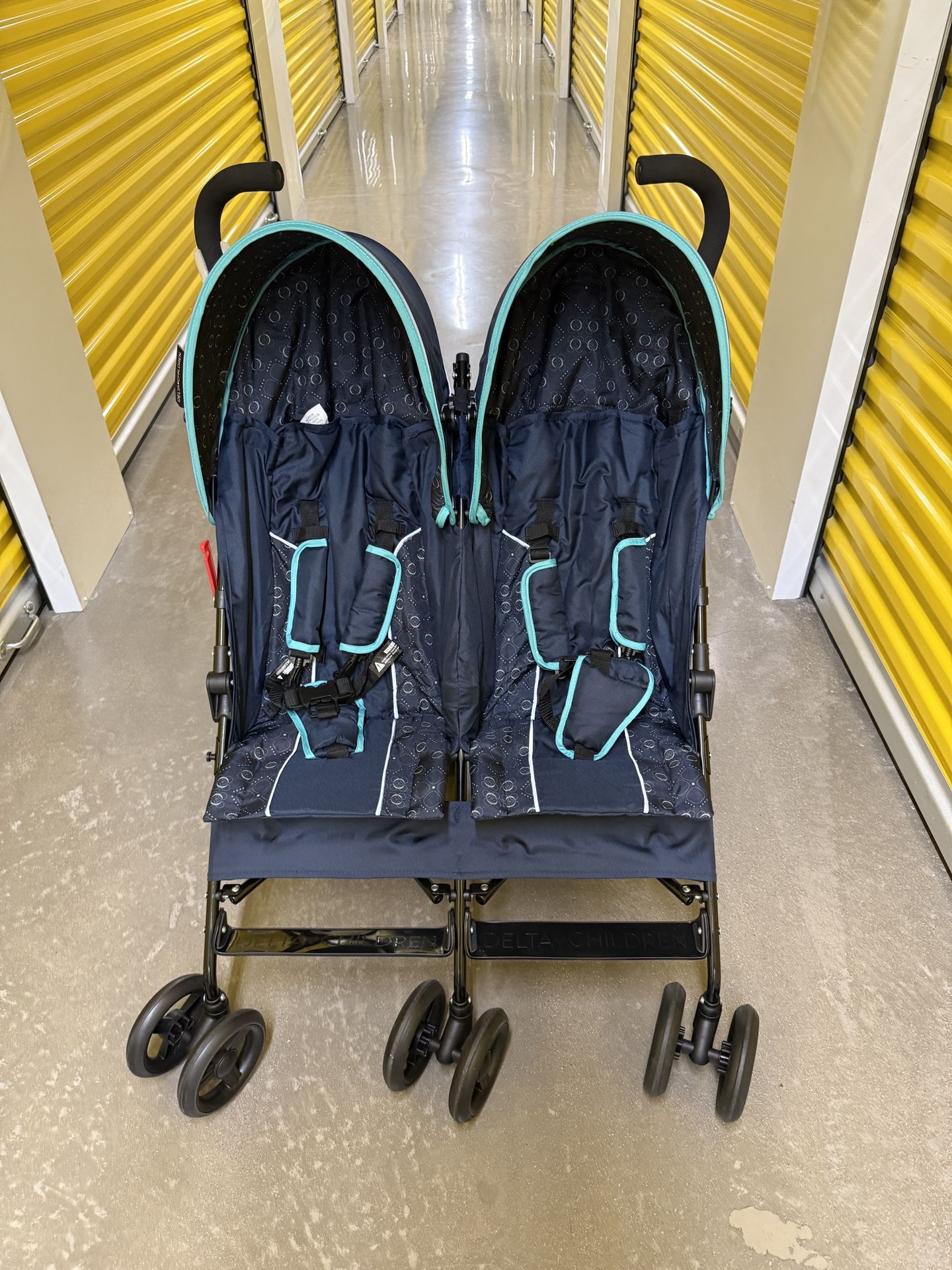 READ Delta Children LX Side by Side Double Stroller Compact Blue Gray