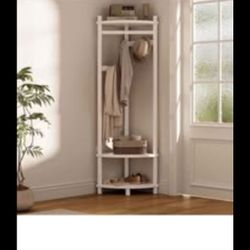BRAND NEW.Wooden Corner Coat Rack with Clothes Rod, 4 Hooks Corner (Cream white& Walnut)