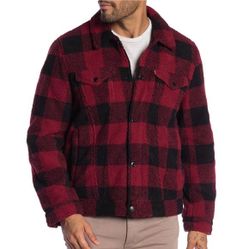 Levi's Men's Long Sleeve Plaid Zip Snap Trucker Jacket Faux Shearling Red 