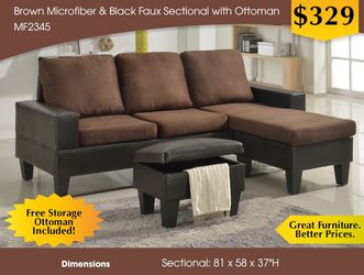 BROWN MICROFIBER & BLACK FAUX SECTIONAL WITH OTTOMAN MF2345
