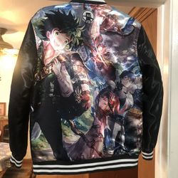 Mens Small Satin Boomer Jacket My Hero Academia Black / with colorful design on the back.  See pictures .  Full Zipper front closure.  Red and  White 