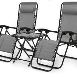 Sillas de gravedad cero para interiores y exteriores, 3 piezas, sillas reclinables plegables ajustables con mesa plegable,