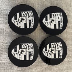 Genuine SET OF 4 76mm in Black and Silver Color Porsche Center Caps 911 Boxster Cayman Cayenne Panamera
