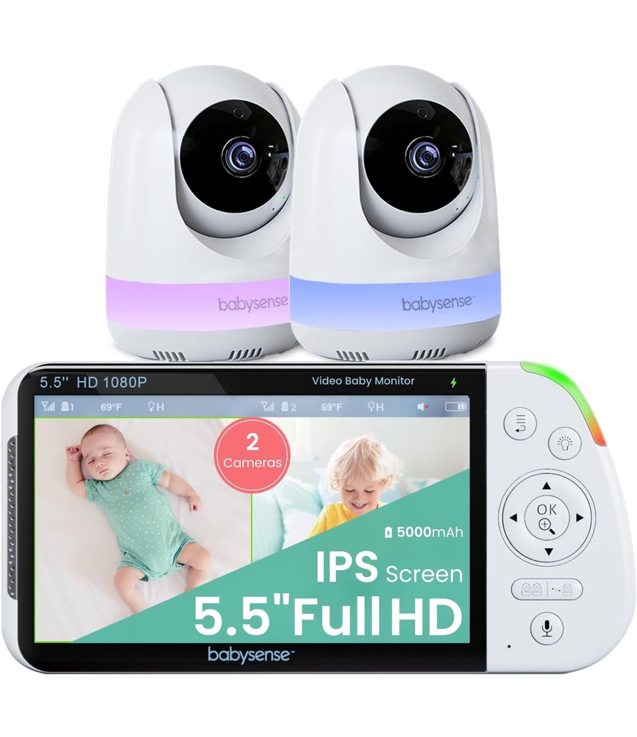 Brand New Babysense 5.5” 1080p Full HD Split-Screen Baby Monitor, Video Baby Monitor with 2 Cameras and Audio, 6-Color RGB Night Light, 1000ft Range