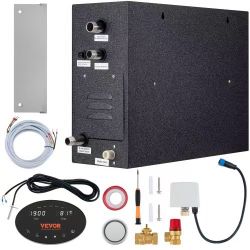 15 kW steam shower generator with segmented heating, temperature customization, and a 24-hour timer. Luxury home steam shower system with automatic dr