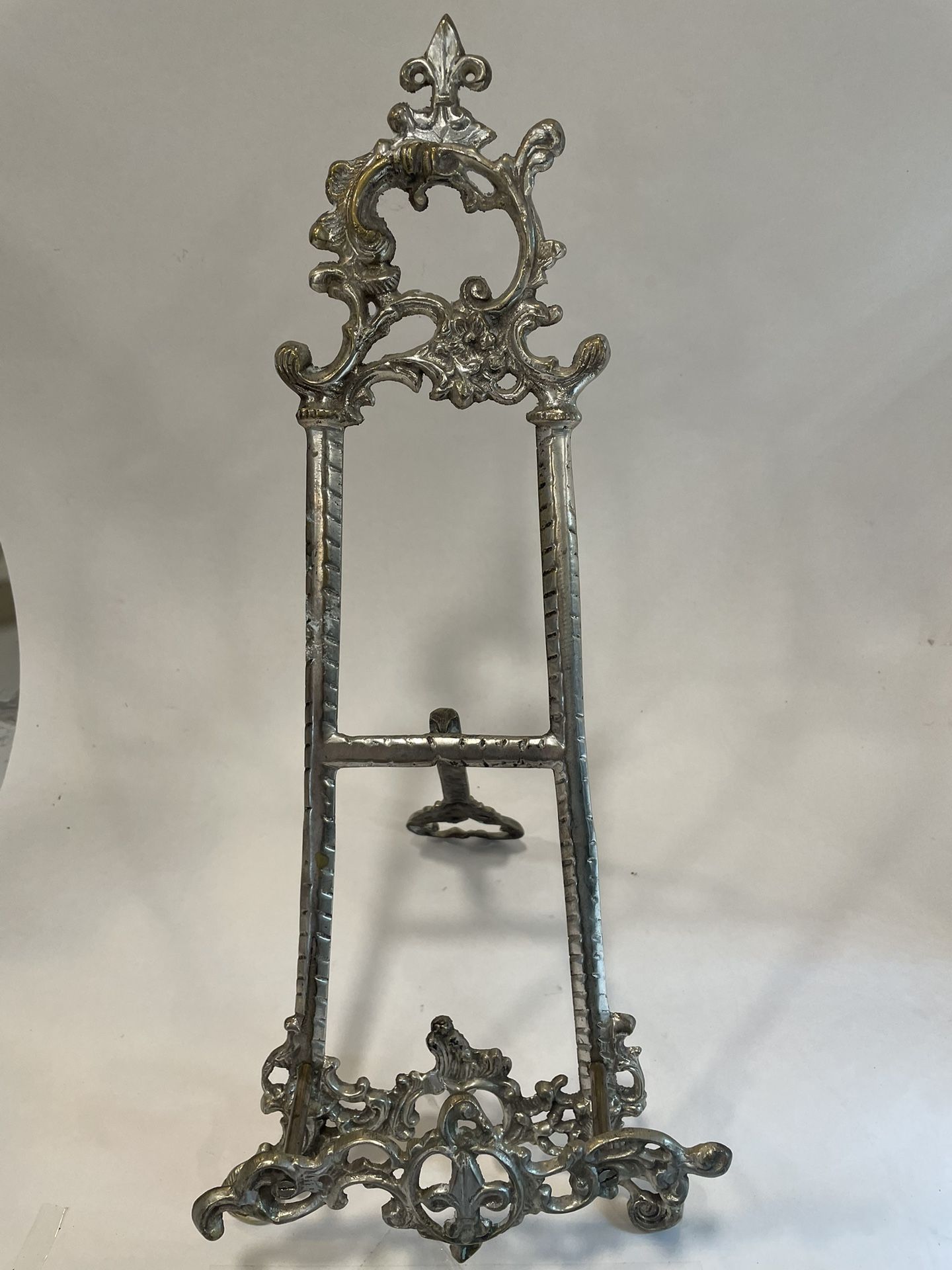 Vintage Silver Plated Cast Brass Table Easel Display Stand Rococo Baroque 18"