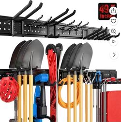 Garage Tool Organizer Wall Mount, 49.5", 3 Racks, 10 Hooks, 400 lb Heavy-Duty Steel, Adjustable Hooks, Garden Tool Organizer & Storage Rack, Holds Sho