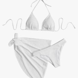 New(MEDIUM)SHENHE Women's 3 Piece Textured High Cut Halter Triangle Bikini Swimsuit with Cover Up