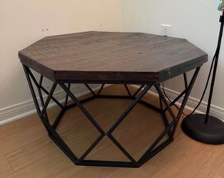 Octagonal Wood Top Coffee Table with Geometric Metal Base 31.5 Inches