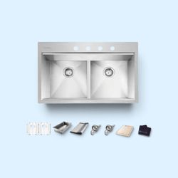 Glacier Bay Zero Radius 33 in. Drop-In 50/50 Double Bowl 18 Gauge Stainless Steel Kitchen Sink with Accessories