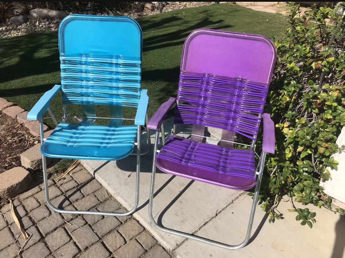 Pair Vintage Folding Lawn Lounge Chair Pool Vinyl Tube