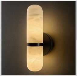 Natural Alabaster Brass Wall Sconce: Modern Black Marble Stone Indoor Light Dimmable Lighting Fixture with Bulb, Luxury Spanish Cylinder Brushed Vanit