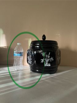 vintage  ?? black decorative jar with mother-of-pearl inlay lid floral and botanical 