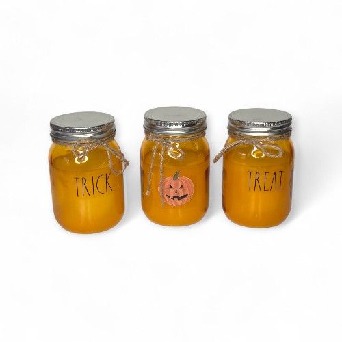 Rae Dunn Halloween Flameless Candle Mason Jar Decor Trick Jack-o'-Lantern Treat