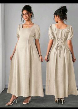 Maternity Beige Puff Sleeve Lace-Up Back Maxi Dress