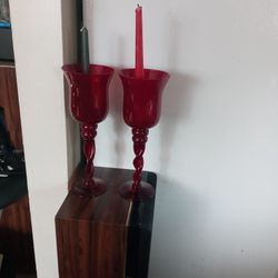 Beautiful red Candles holders 12" Still have price On Them Selling for 15 For Both No Chips or Cracks