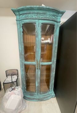 Turquoise Painted Wood Curio Display Cabinet