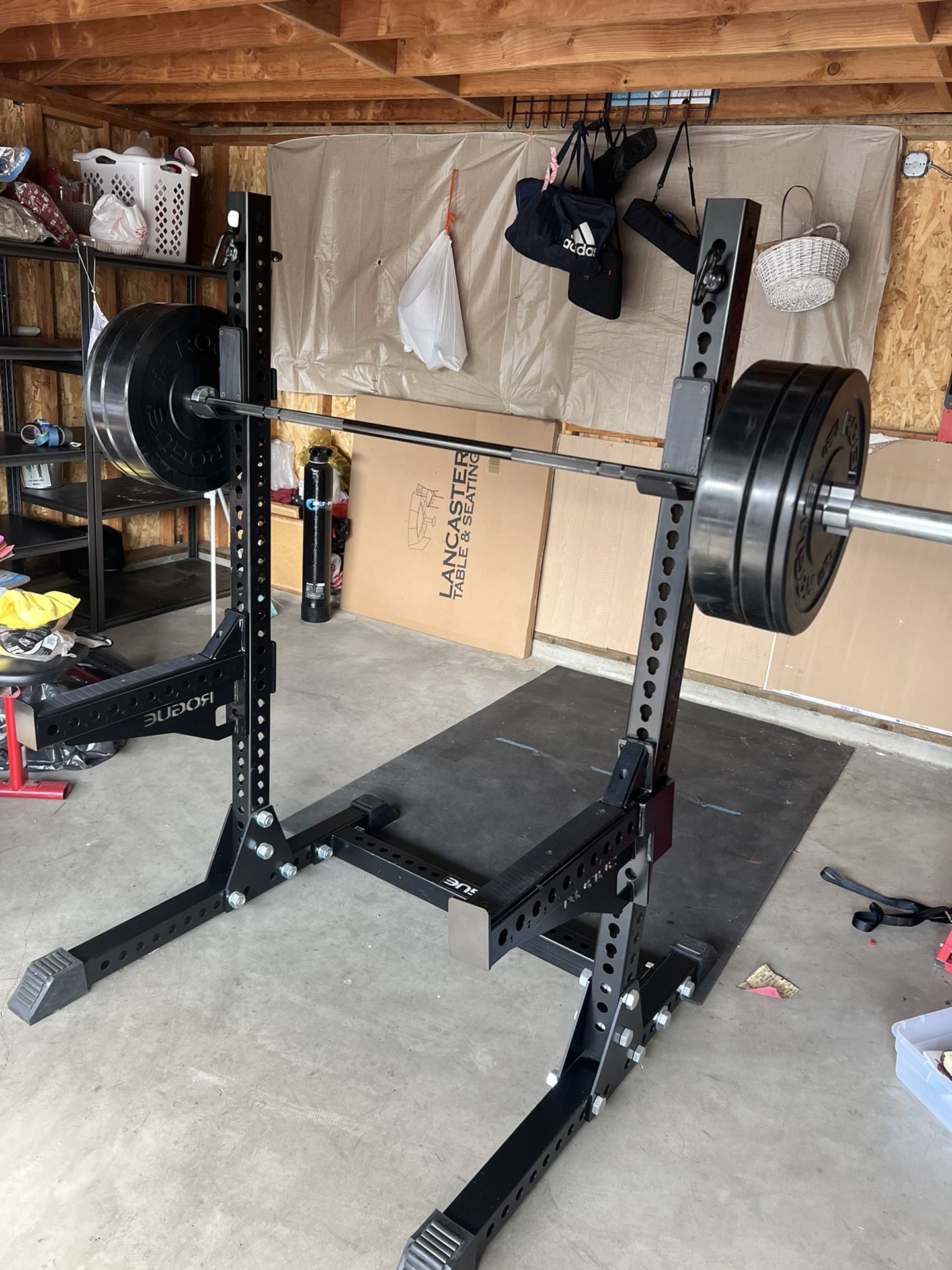 Rogue SM-1 Monster Squat Stand + Safety Arms + Barbell + Bumper Plates
