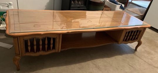 French Provincial Wood Coffee Table with Glass Top