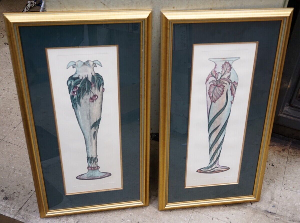 SET OF 2 FRAMED LA LIQUE VASES 16X30 DON MITRA GALE ETCHED HAND PAINTED
