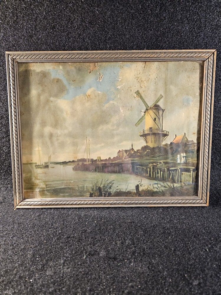 Antique 1800's framed litho print - old Dutch windmill near WIJK BIJ DUURSTEDE by Jacob van Ruisdael