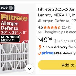 Brand new Filtrete 20x25x5 air filters — 2-pack.