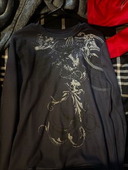 Dark Blue Thermal Long Sleeve Skull Graphic Shirt