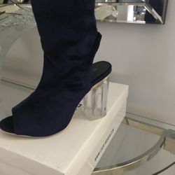 Brand New  Dark Blue Bootie Clear Block Heels Size 6.5