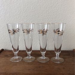 Set Of 4 Vintage Golden Wheat Retro Glassware, MCM Gold Barware, Mid Century, Pilsner Glasses, Beer Glasses