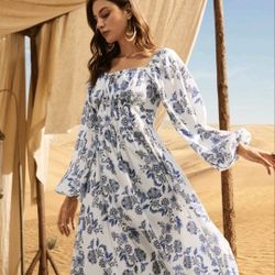 SHEIN Mulvari Floral Tie Neck Bishop Sleeve Dress
