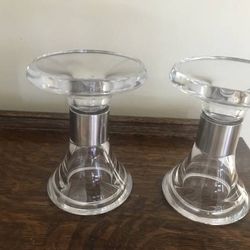 Contemporary Heavy Lead Crystal Candle Holders w/ Stainless Steel Band