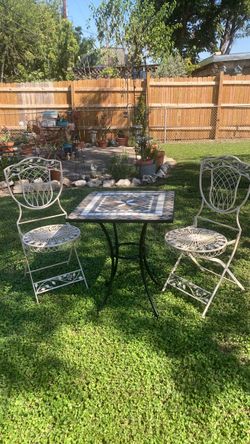 Mosaic Design Wrought Iron Table W/2 Iron Folding Chairs