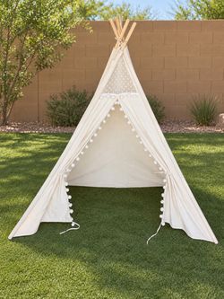 Tiny Land Kids Canvas Teepee Tent with Pom-Pom Trim