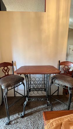 Solid Wood & Metal Bistro Table Set with Wine Rack (2 Chairs)
