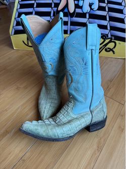 Maraffy Country MEN'S Blue Leather Cowboy Western Boots Size 9 Rare Caiman Skin