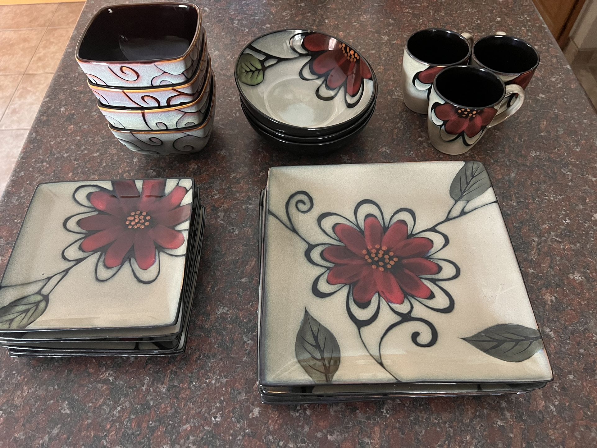 Set Of Red Floral Dishes