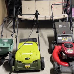 Sunjoe dethatcher and scarifier corded with bag. $80   Craftsman Gas Lawn Mower $80  Scotts Turf Builder $15