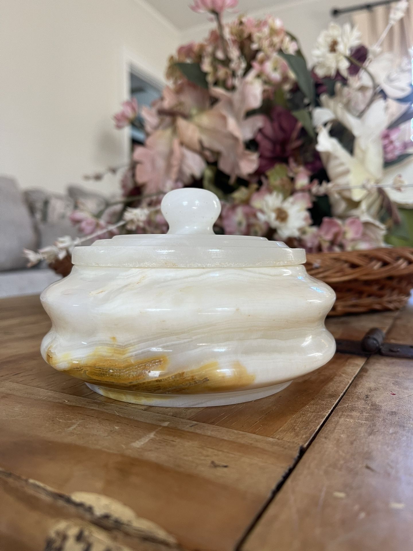 Vintage White And Tan Brown Onyx Stone Marble Trinket Box, Jewelry Holder, Home Decor