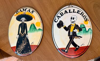 Pair Damas Caballeros Mexican Day of Dead Hand Painted Plaques Folk Art
