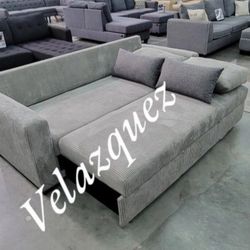 ✅️✅️grey corduroy fabric sofa futon pull out sleep area pop up chaise✅️