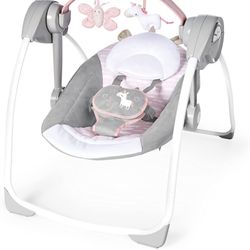 Ingenuity Comfort 2 Go Compact Portable 6-Speed Cushioned Baby Swing with Music, Folds Easy, 0-9 Months 6-20 lbs (Pink Flora the Unicorn)