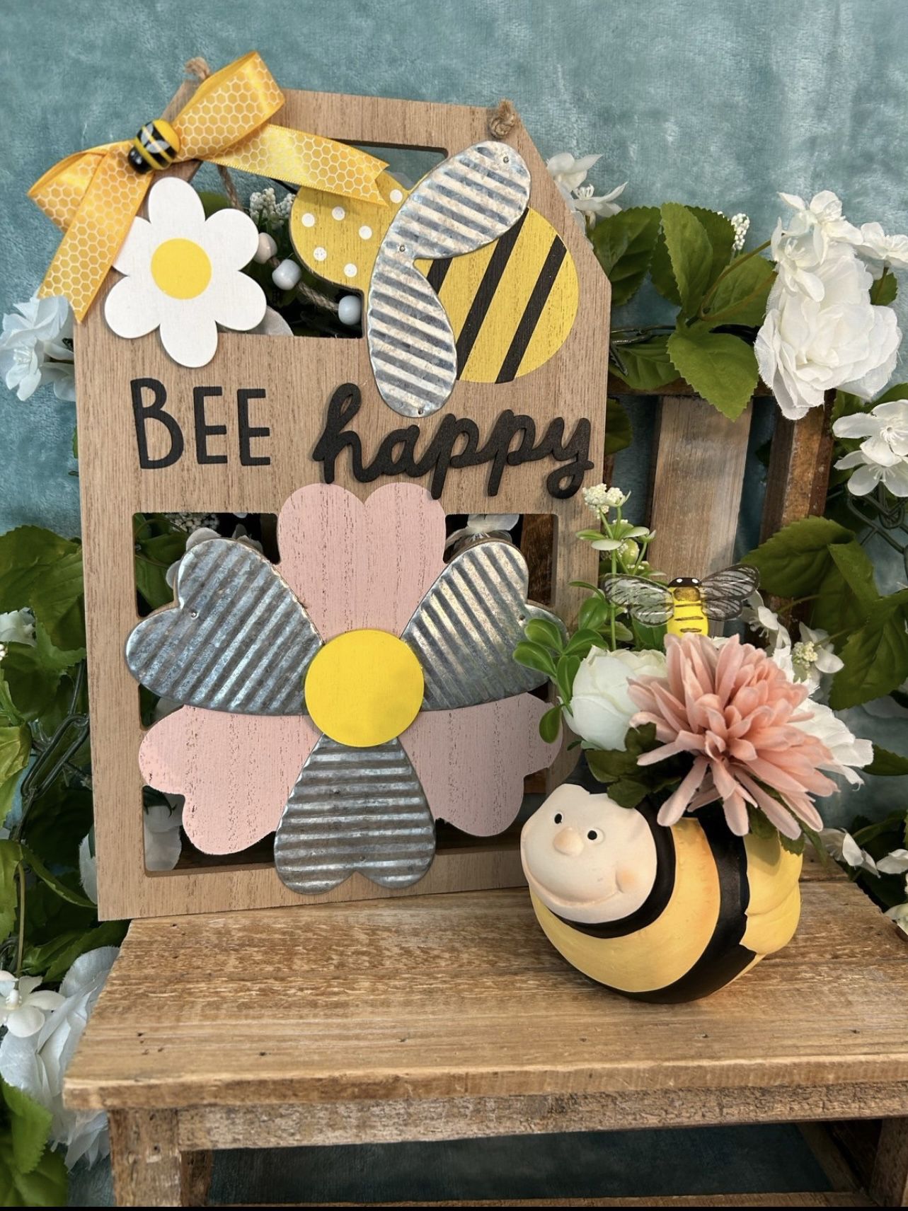 Boho BEE decor BEE happy hanging sign BEE planter vase