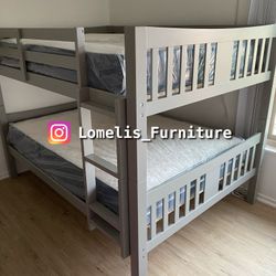 Full/Full Gray Wooden Bunk bed w. Ortho Mattresses Included 