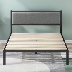 Almost new King Sized Platform Bed Frame and Mattress with Upholstered Headboard