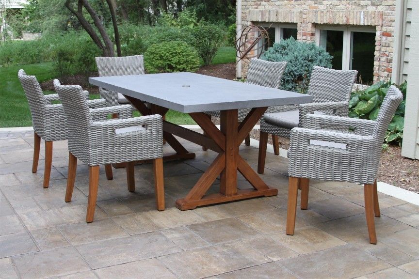 Concrete Top And Wooden Farmhouse Dining Tables.